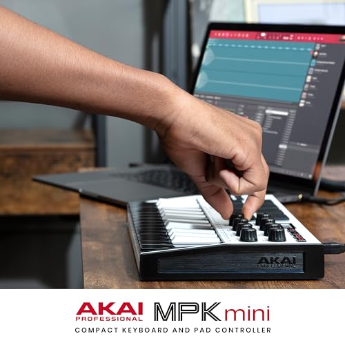 Akai Professional MPK Mini MK3 - 25 Key USB MIDI Keyboard Controller With 8 Backlit Drum Pads, 8 Knobs, Music Production Software and Native Instruments Sound Package (NKS Integration), White