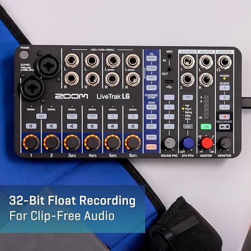 Zoom LiveTrak L6 Digital Mixer/Recorder, Battery Powered, 32-Bit Float, 10-Channels, 2 Combo + 4 Stereo Inputs, MIDI, Effects, Sound Pads, 3-Band EQ, Audio Interface, For Music & Streaming