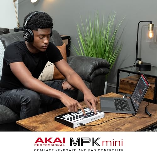 Akai Professional MPK Mini MK3 - 25 Key USB MIDI Keyboard Controller With 8 Backlit Drum Pads, 8 Knobs, Music Production Software and Native Instruments Sound Package (NKS Integration), White