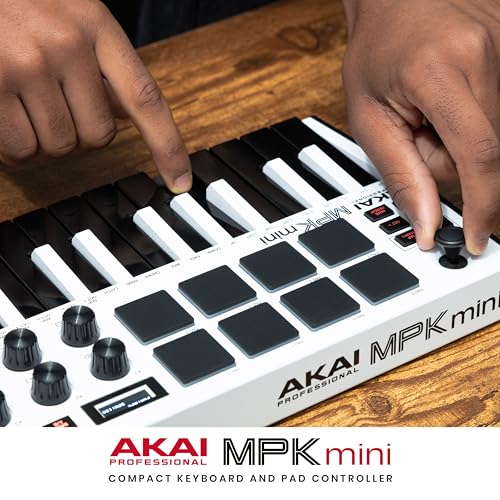 Akai Professional MPK Mini MK3 - 25 Key USB MIDI Keyboard Controller With 8 Backlit Drum Pads, 8 Knobs, Music Production Software and Native Instruments Sound Package (NKS Integration), White