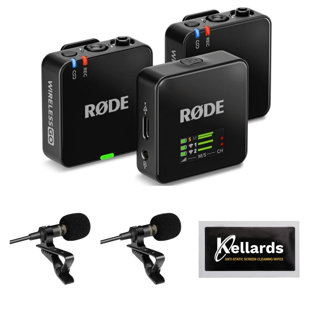 Rode Wireless GO (Gen 3) 2-Person Compact Digital Wireless Microphone Recorder Black Bundle with Grade Lavalier Lapel Microphone (2 Pack), Kellards Cleaning Cloth