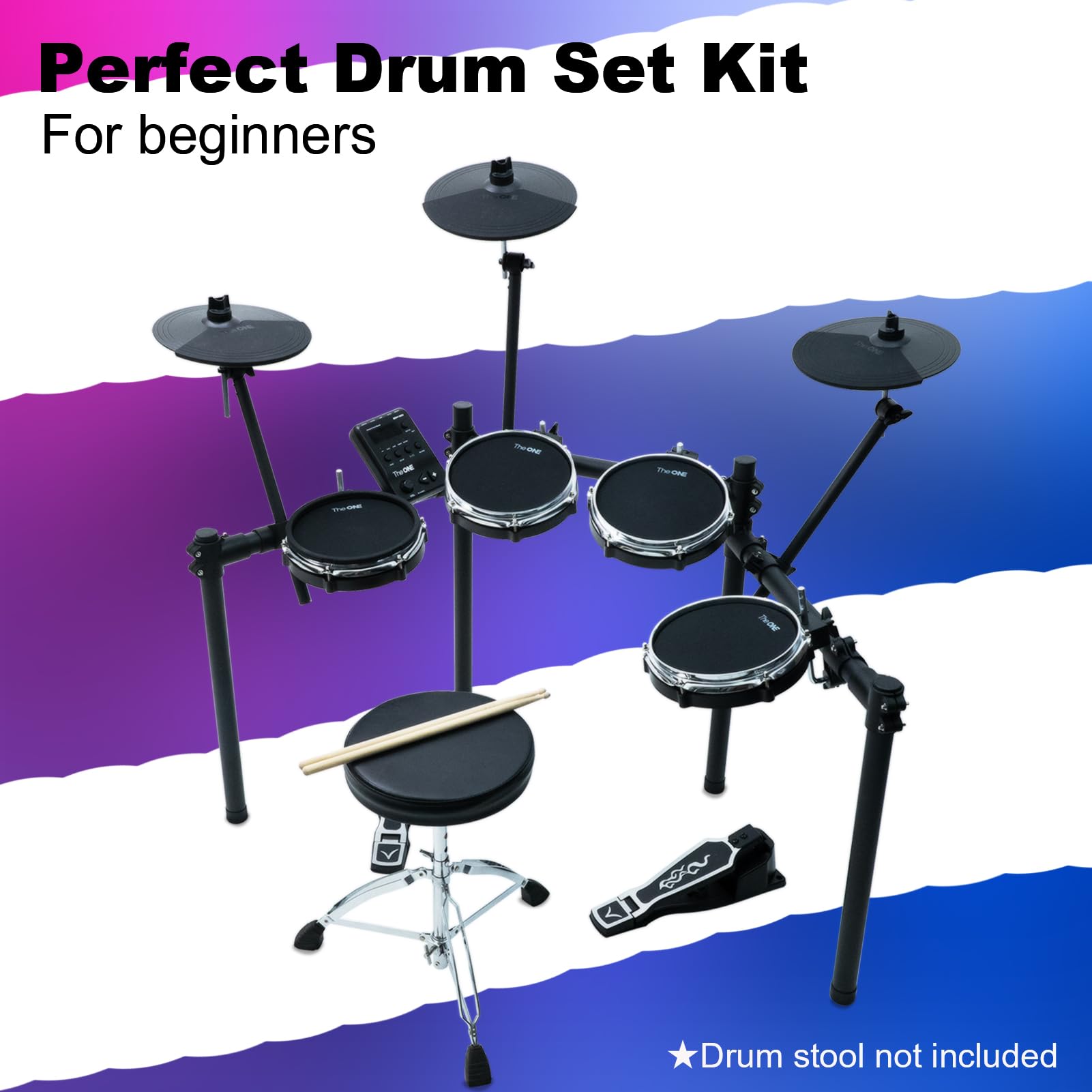 The ONE Electric Drum Set Bundle with 2 Switch Pedals, Headphones, Sticks & Drum Throne