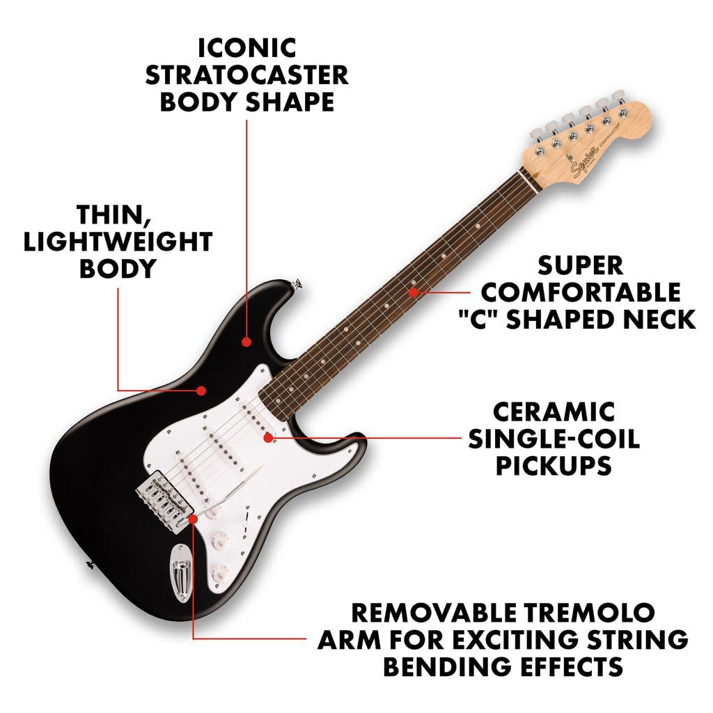 Fender Squier Debut Series Stratocaster Electric Guitar, Beginner Guitar, with 2-Year Warranty, Includes Free Lessons, Black with Matte Finish