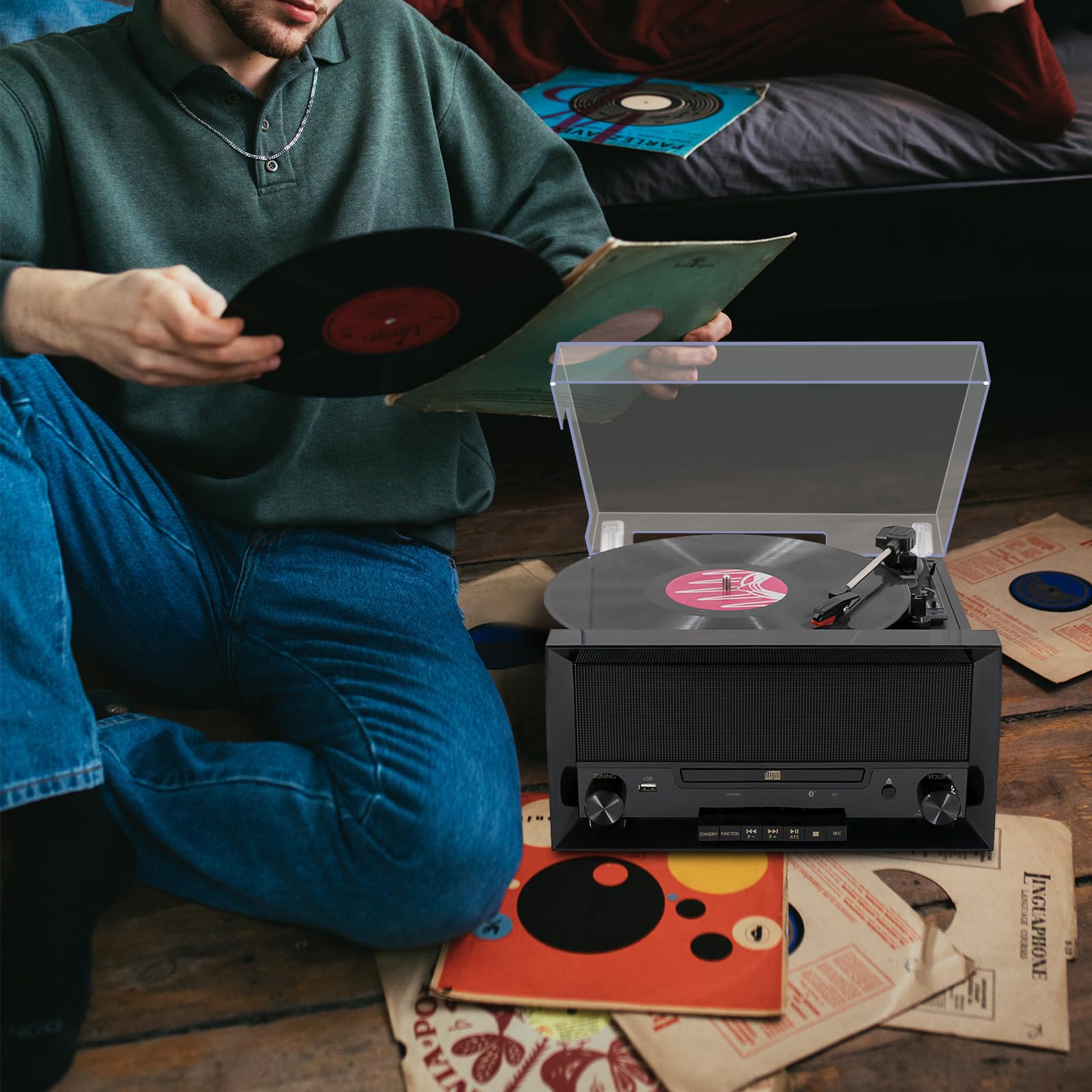Multi-Functional Record Player 3-Speed RetroTurntable with Built-in Speakers & Bluetooth All-in-One Vinyl Turntable CD Player USB Recording FM Radio Vintage Wireless Music Streaming for Home