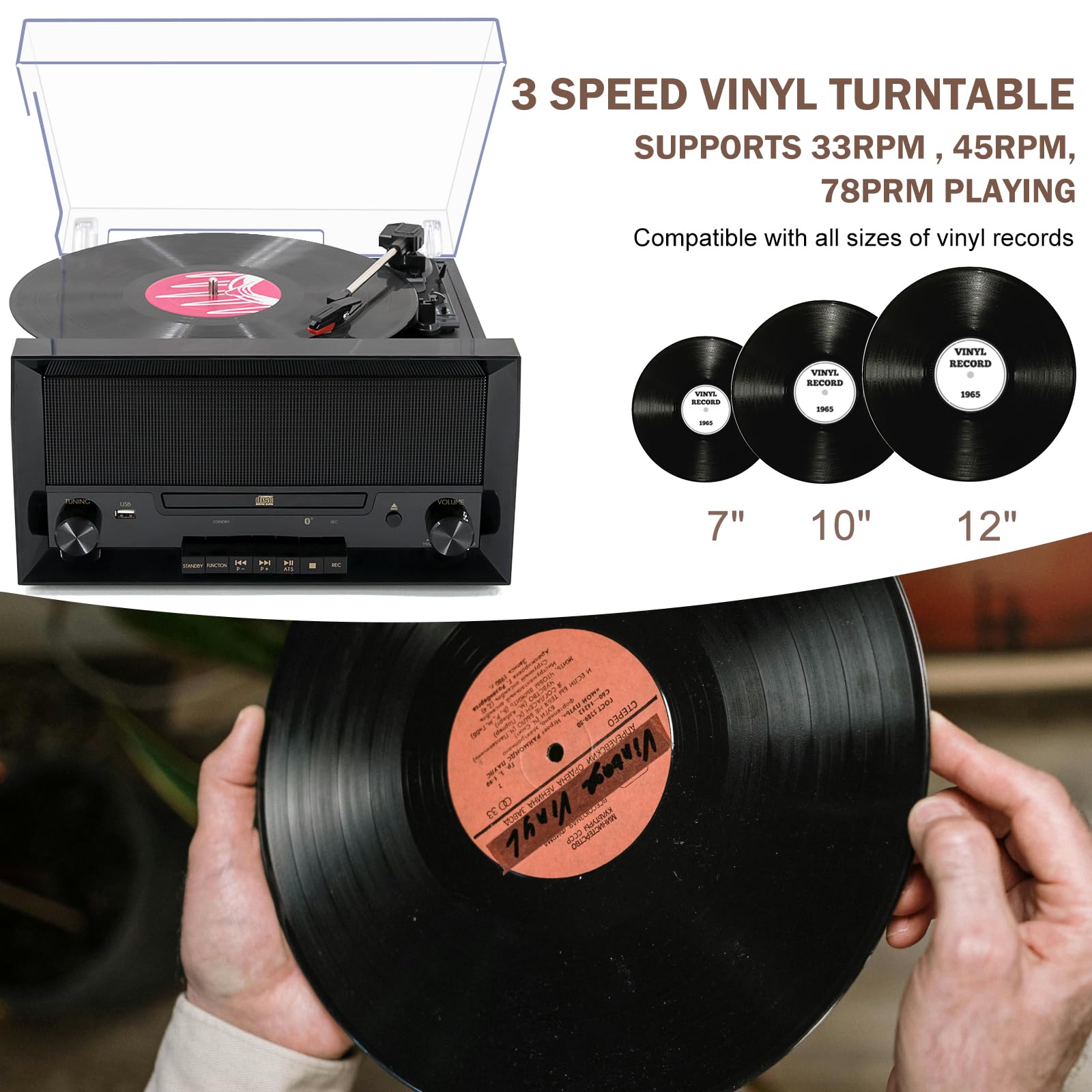 Multi-Functional Record Player 3-Speed RetroTurntable with Built-in Speakers & Bluetooth All-in-One Vinyl Turntable CD Player USB Recording FM Radio Vintage Wireless Music Streaming for Home