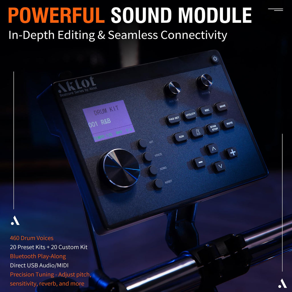 AKLOT Acoustic-Style Electric Drum Set: Independent 16’’ Wooden Bass Drum and 12’’ Snare, Triple-Zone Ride Cymbal, Standalone Hi-Hat, Full Mesh Pads, 460 Sounds, USB MIDI, Throne, Sticks (B-CORE543)