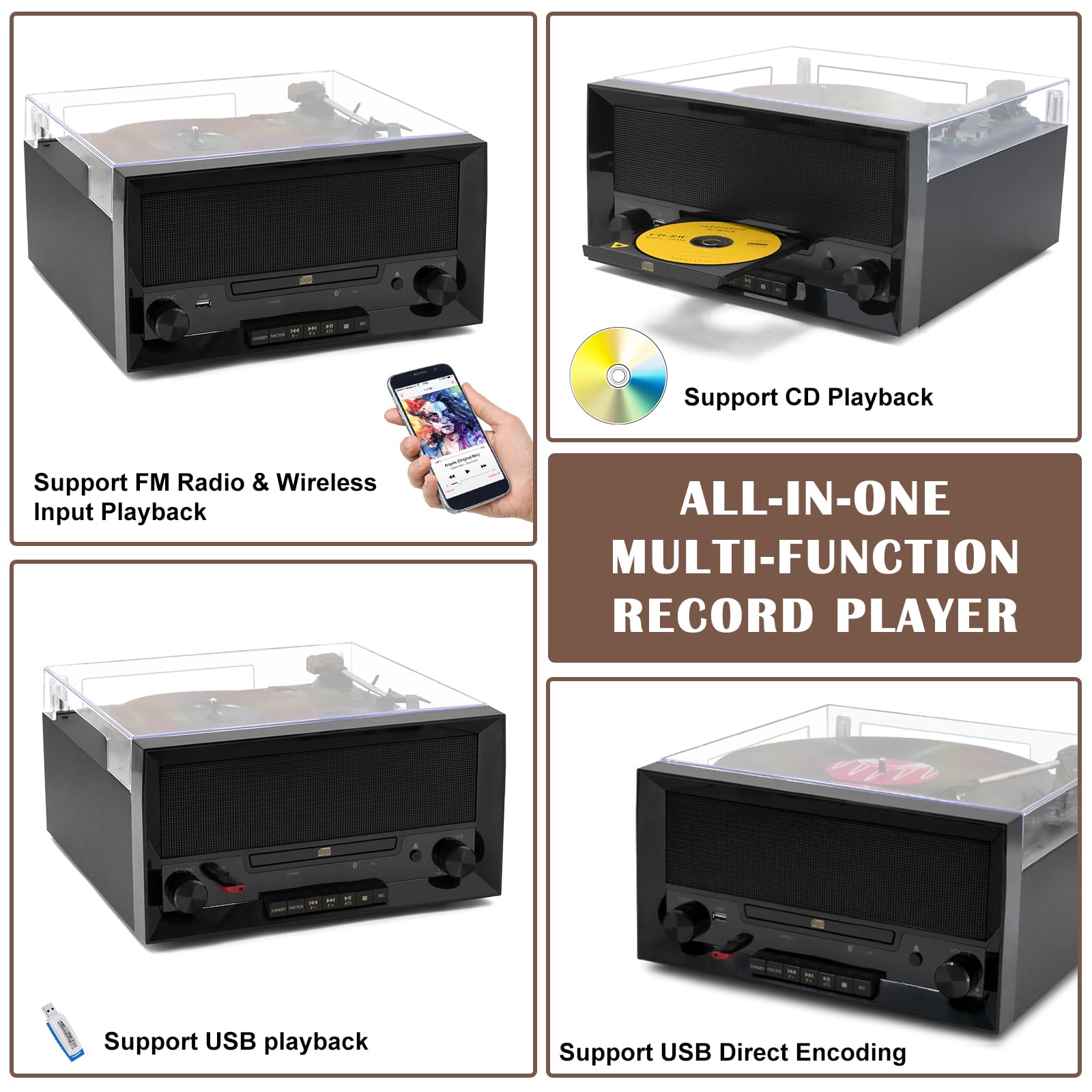 Multi-Functional Record Player 3-Speed RetroTurntable with Built-in Speakers & Bluetooth All-in-One Vinyl Turntable CD Player USB Recording FM Radio Vintage Wireless Music Streaming for Home