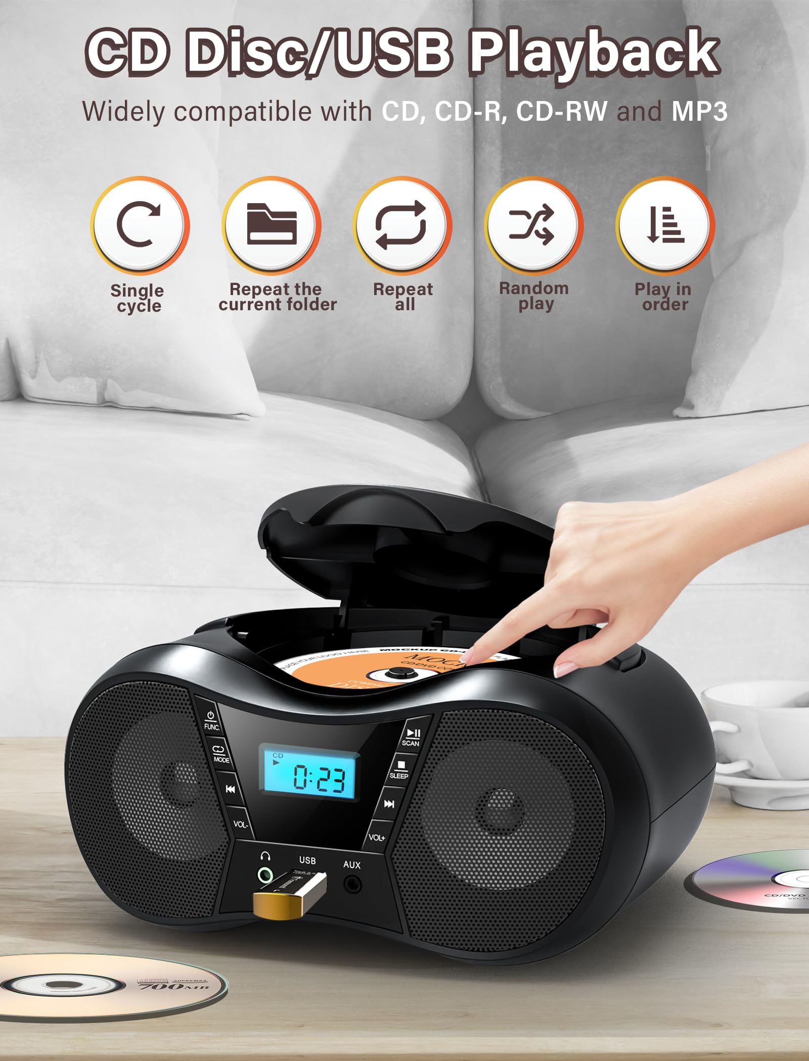 Boombox Portable CD Players for Home with Bluetooth, Boombox CD Player FM Radio Combo, Stereo Sound, AC/Battery Powered, CD/CD-R/RW Compatible, Support AUX/USB/Headphone, Sleep Timer, Repeatable