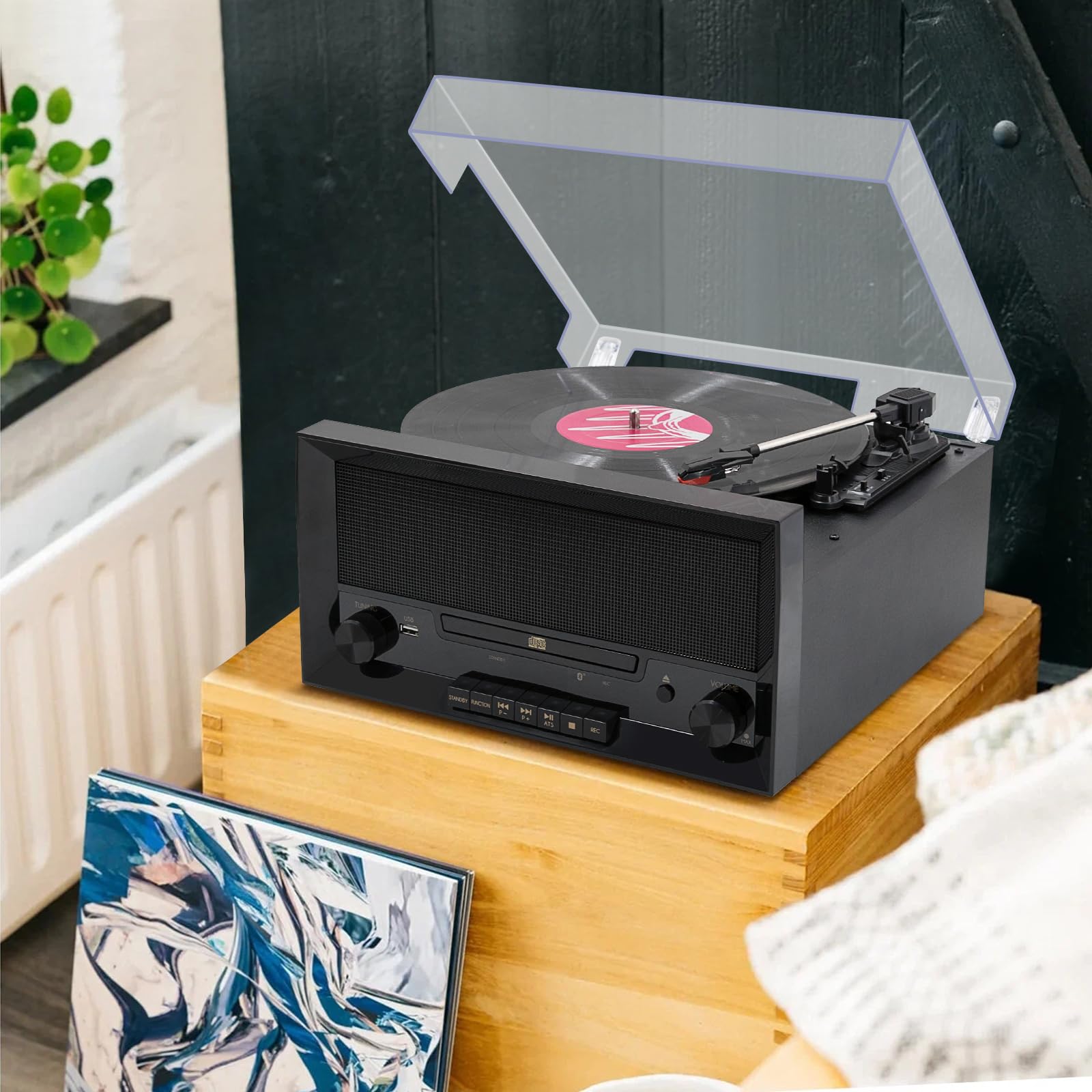 Multi-Functional Record Player 3-Speed RetroTurntable with Built-in Speakers & Bluetooth All-in-One Vinyl Turntable CD Player USB Recording FM Radio Vintage Wireless Music Streaming for Home