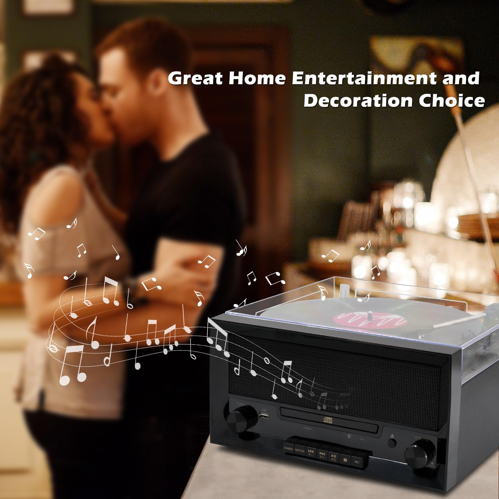 Multi-Functional Record Player 3-Speed RetroTurntable with Built-in Speakers & Bluetooth All-in-One Vinyl Turntable CD Player USB Recording FM Radio Vintage Wireless Music Streaming for Home