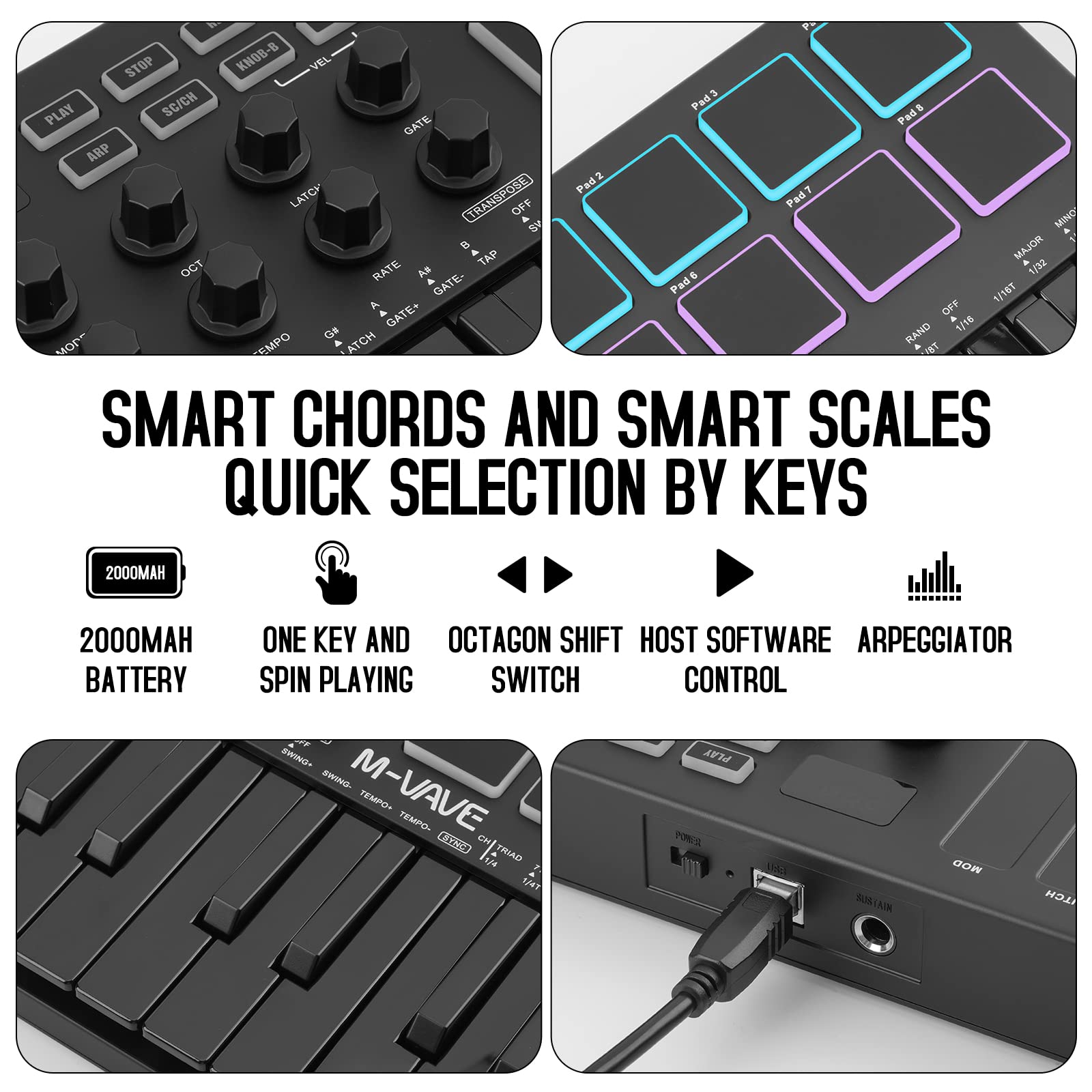 M-VAVE 25 Key USB MIDI Keyboard Controller With 8 Backlit Drum Pads, Bluetooth Semi Weighted Professional dynamic keybed 8 Knobs and Music Production,Software Included (Black)