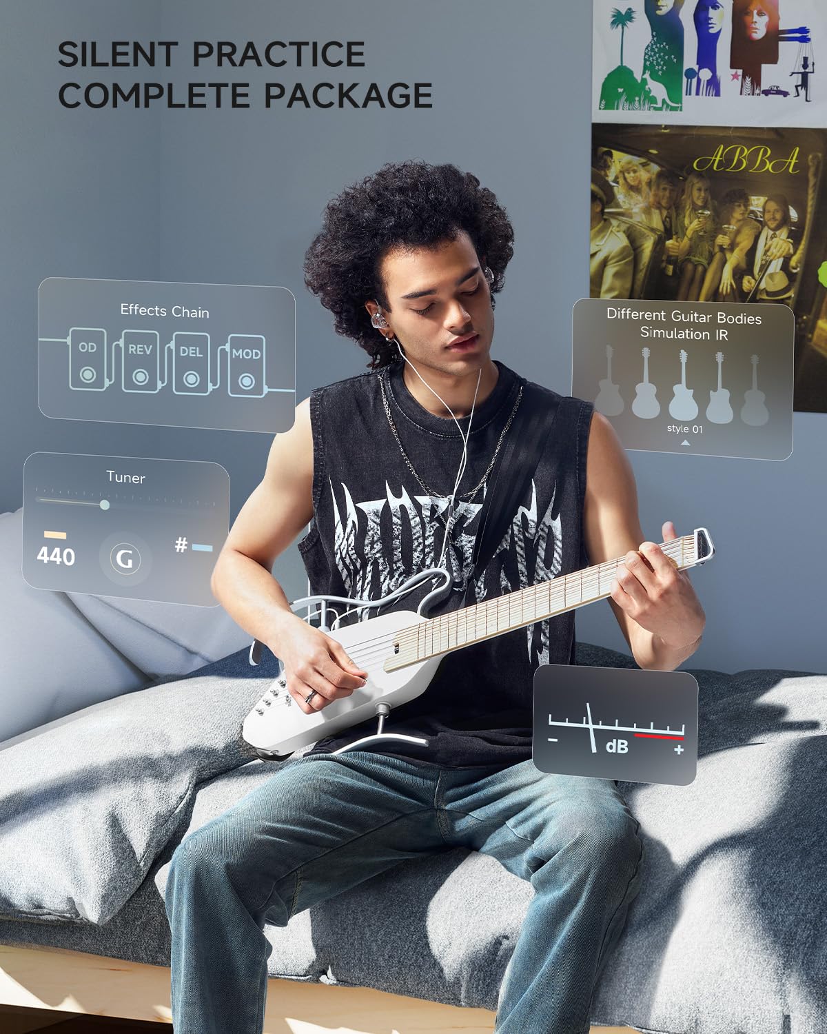 Donner Acoustic Electric Guitar HUSH I PRO Travel Guitar with Multiple Effect Modes Smart Guitarra Kit of Earphone, Gig Bag, Strap, Charging Cable