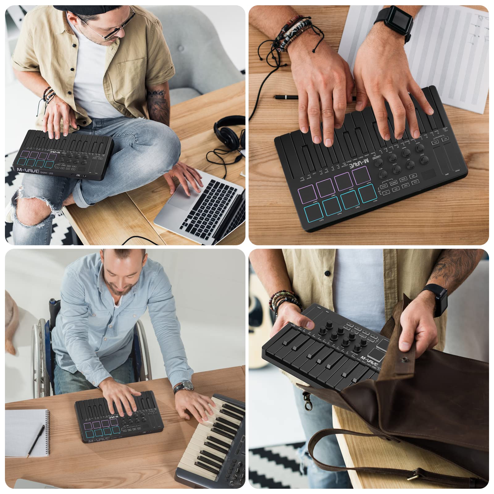 M-VAVE 25 Key USB MIDI Keyboard Controller With 8 Backlit Drum Pads, Bluetooth Semi Weighted Professional dynamic keybed 8 Knobs and Music Production,Software Included (Black)