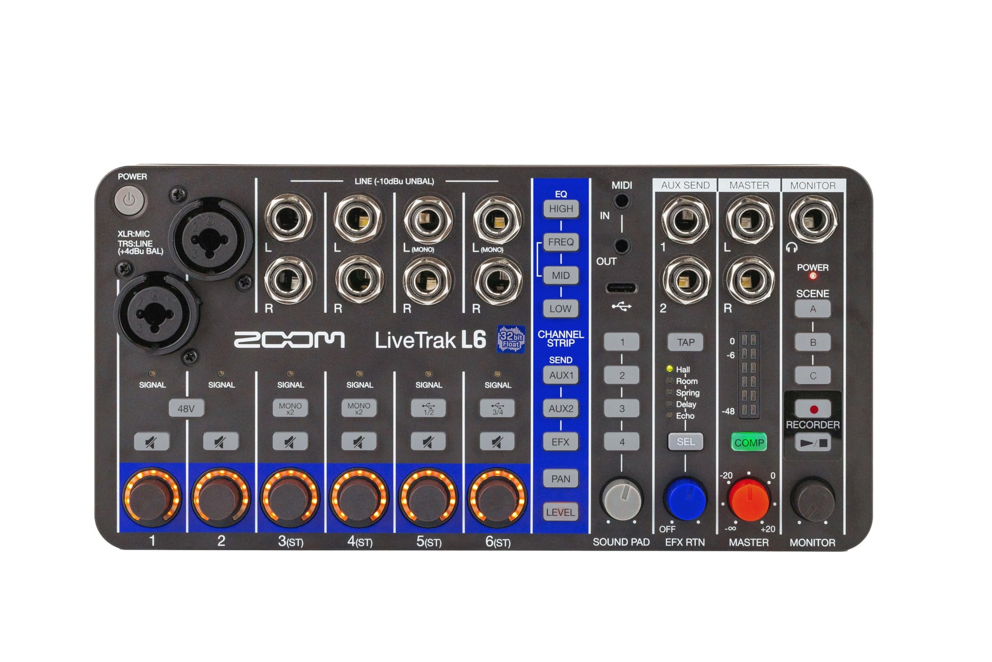 Zoom LiveTrak L6 Digital Mixer/Recorder, Battery Powered, 32-Bit Float, 10-Channels, 2 Combo + 4 Stereo Inputs, MIDI, Effects, Sound Pads, 3-Band EQ, Audio Interface, For Music & Streaming
