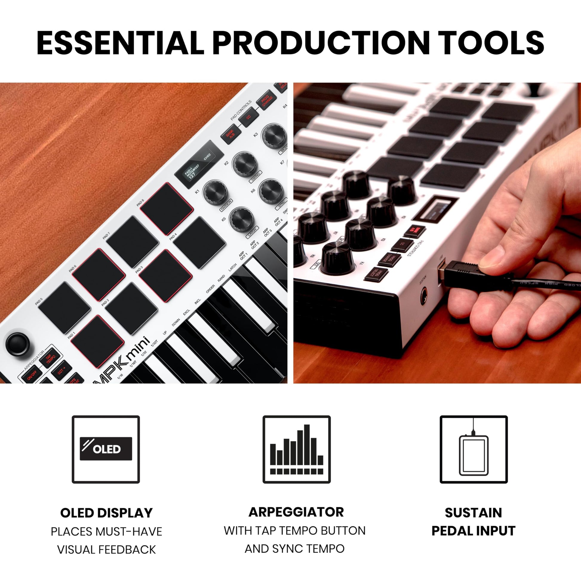 Akai Professional MPK Mini MK3 - 25 Key USB MIDI Keyboard Controller With 8 Backlit Drum Pads, 8 Knobs, Music Production Software and Native Instruments Sound Package (NKS Integration), White