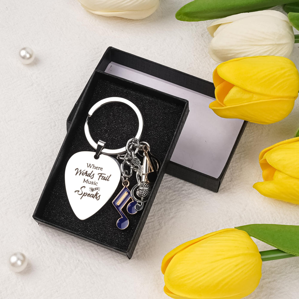 Cool Music Lovers Gift Keychain - Inspirational Quotes Where Words Fail Music Speaks Keychains for Men Women Gifts, Guitar Note Pendant Keyring for Musicians Teachers Friends Birthday Graduation