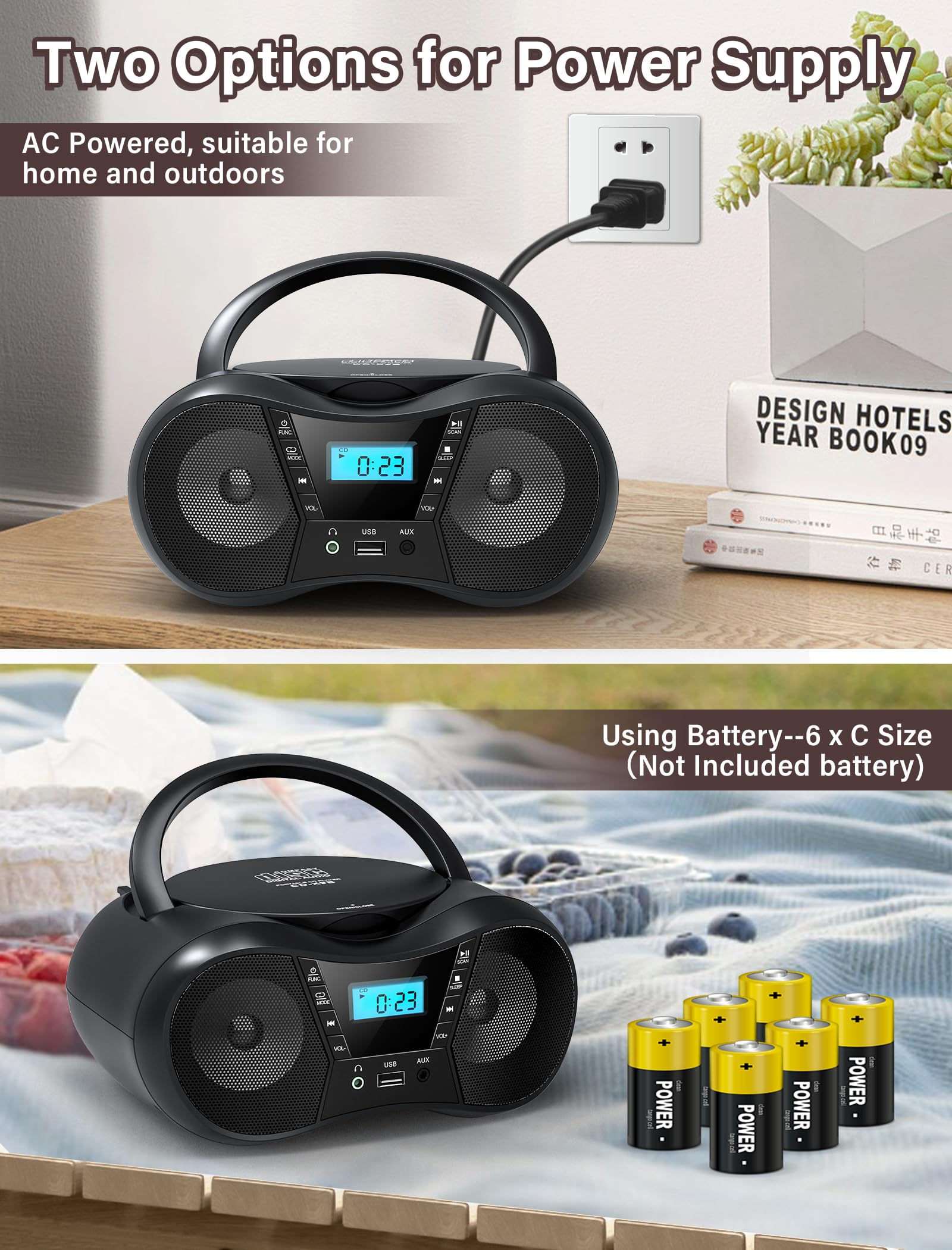 Boombox Portable CD Players for Home with Bluetooth, Boombox CD Player FM Radio Combo, Stereo Sound, AC/Battery Powered, CD/CD-R/RW Compatible, Support AUX/USB/Headphone, Sleep Timer, Repeatable