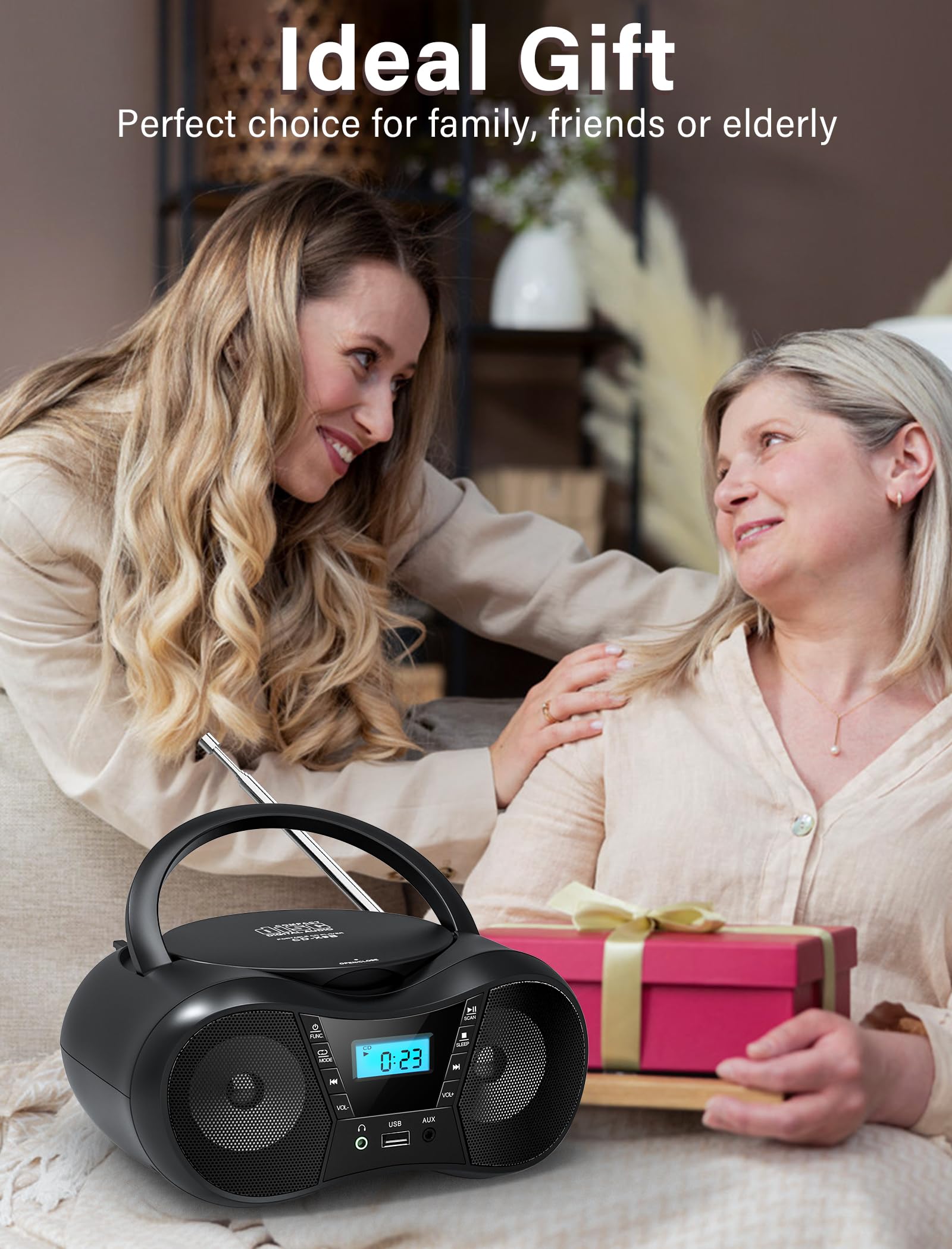 Boombox Portable CD Players for Home with Bluetooth, Boombox CD Player FM Radio Combo, Stereo Sound, AC/Battery Powered, CD/CD-R/RW Compatible, Support AUX/USB/Headphone, Sleep Timer, Repeatable