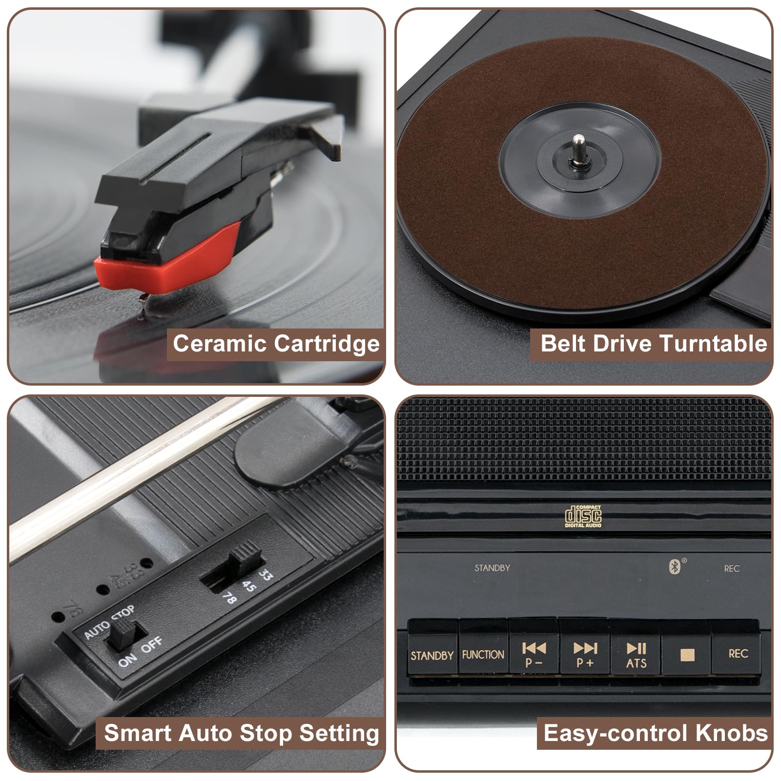 Multi-Functional Record Player 3-Speed RetroTurntable with Built-in Speakers & Bluetooth All-in-One Vinyl Turntable CD Player USB Recording FM Radio Vintage Wireless Music Streaming for Home