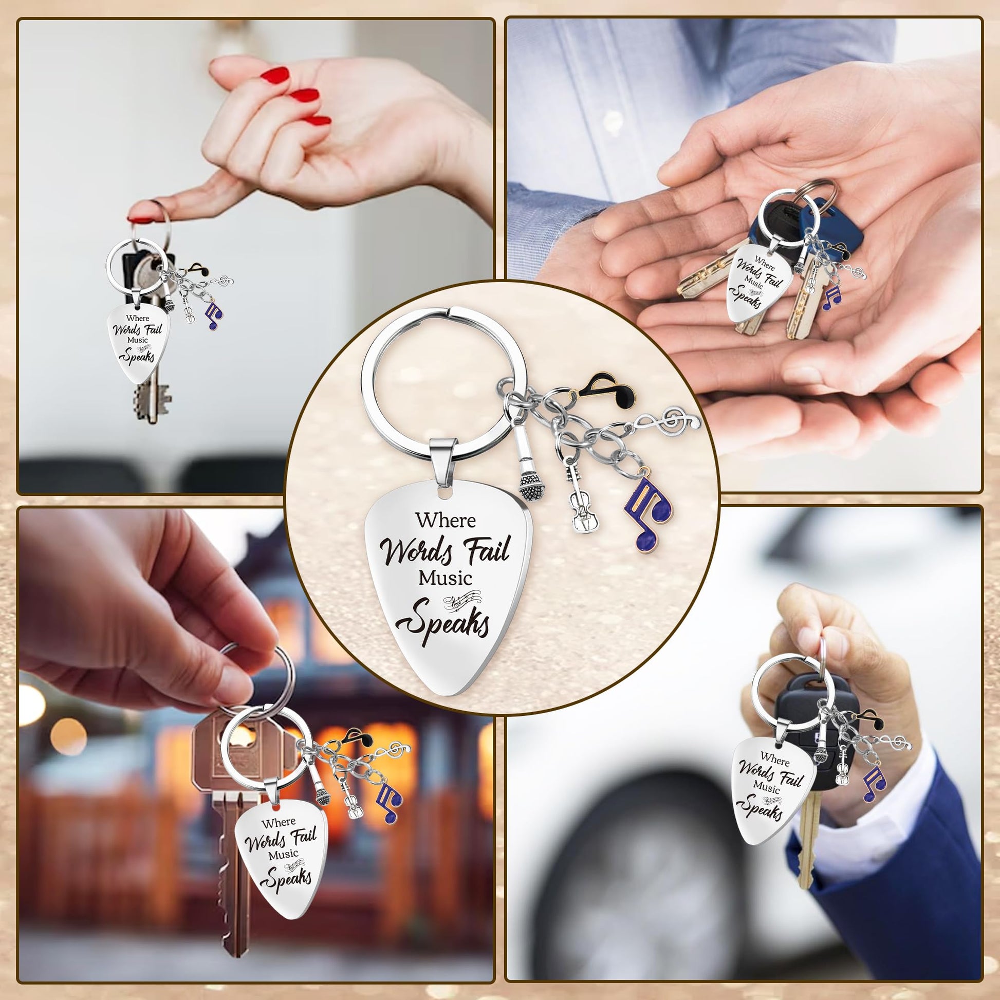 Cool Music Lovers Gift Keychain - Inspirational Quotes Where Words Fail Music Speaks Keychains for Men Women Gifts, Guitar Note Pendant Keyring for Musicians Teachers Friends Birthday Graduation