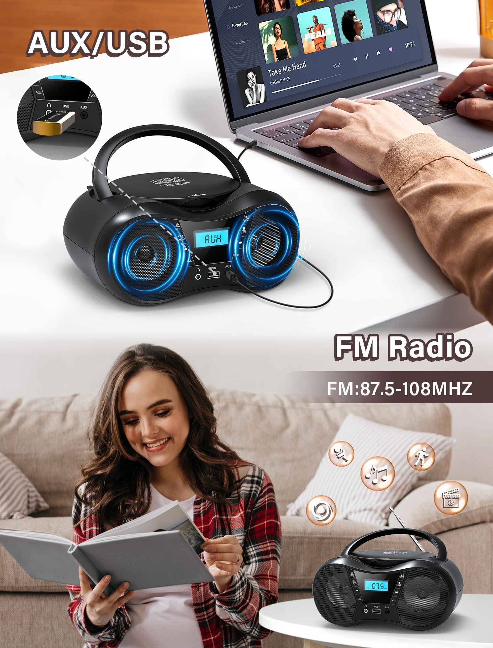Boombox Portable CD Players for Home with Bluetooth, Boombox CD Player FM Radio Combo, Stereo Sound, AC/Battery Powered, CD/CD-R/RW Compatible, Support AUX/USB/Headphone, Sleep Timer, Repeatable