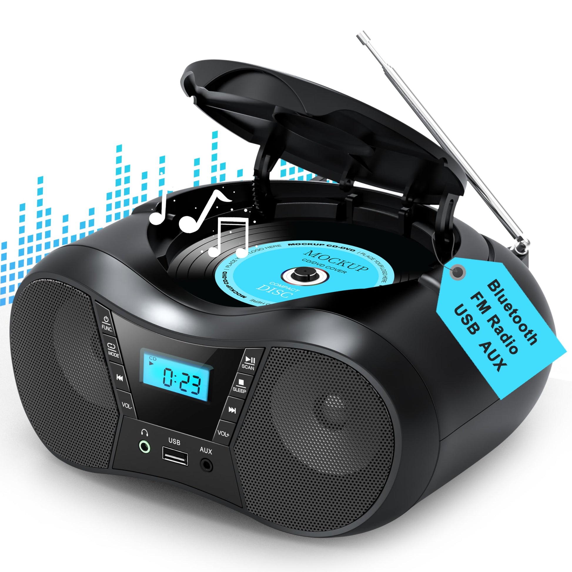 Boombox Portable CD Players for Home with Bluetooth, Boombox CD Player FM Radio Combo, Stereo Sound, AC/Battery Powered, CD/CD-R/RW Compatible, Support AUX/USB/Headphone, Sleep Timer, Repeatable