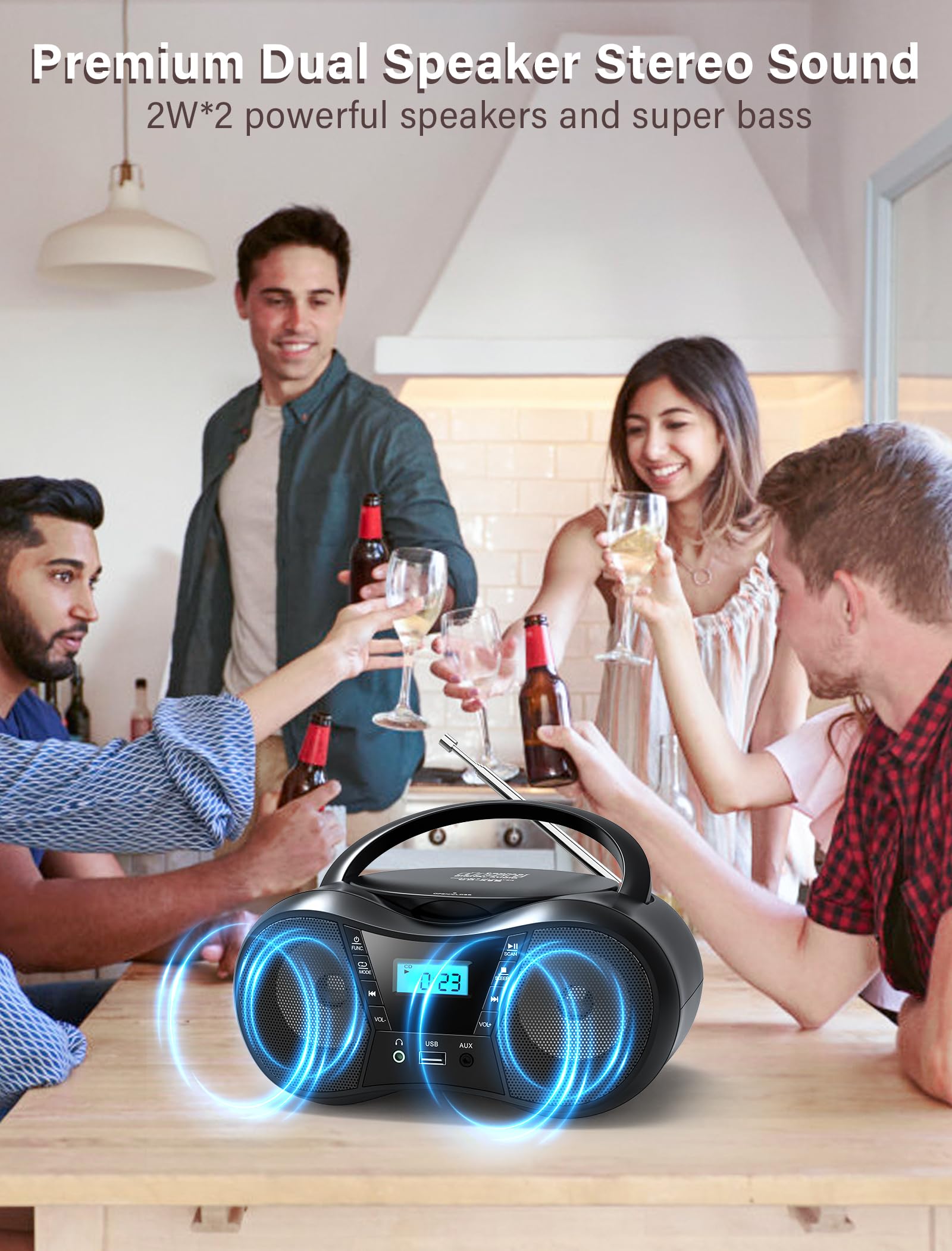 Boombox Portable CD Players for Home with Bluetooth, Boombox CD Player FM Radio Combo, Stereo Sound, AC/Battery Powered, CD/CD-R/RW Compatible, Support AUX/USB/Headphone, Sleep Timer, Repeatable