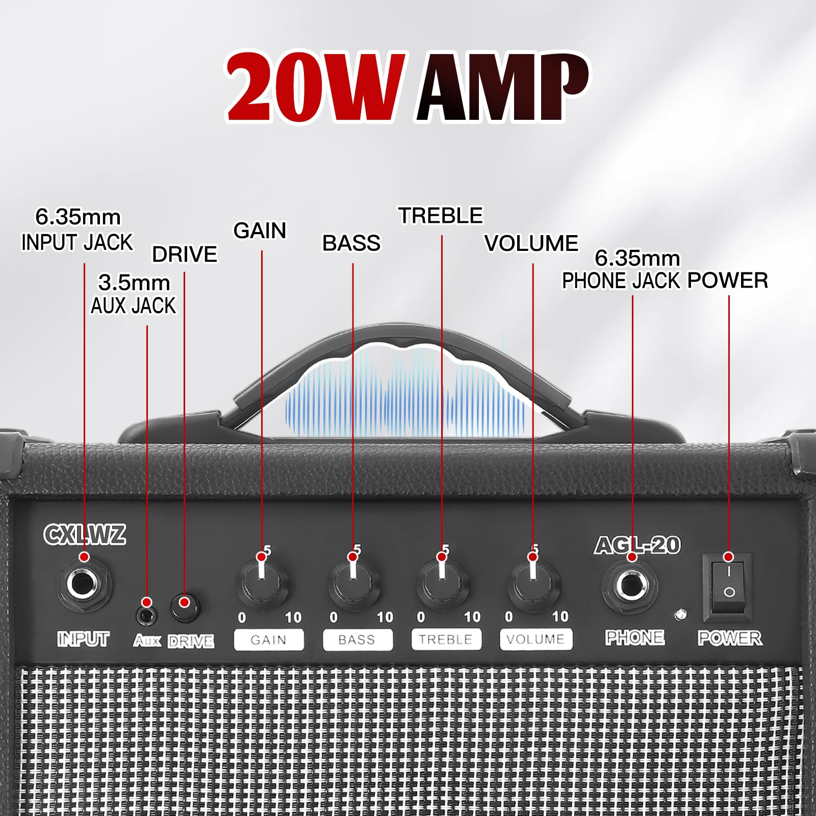 CXLWZ Electric Guitar Amp 20 Watt Amplifier Portable Amp with Headphone Input Gain Powe Including Professional Noise Reduction Cable （Black）