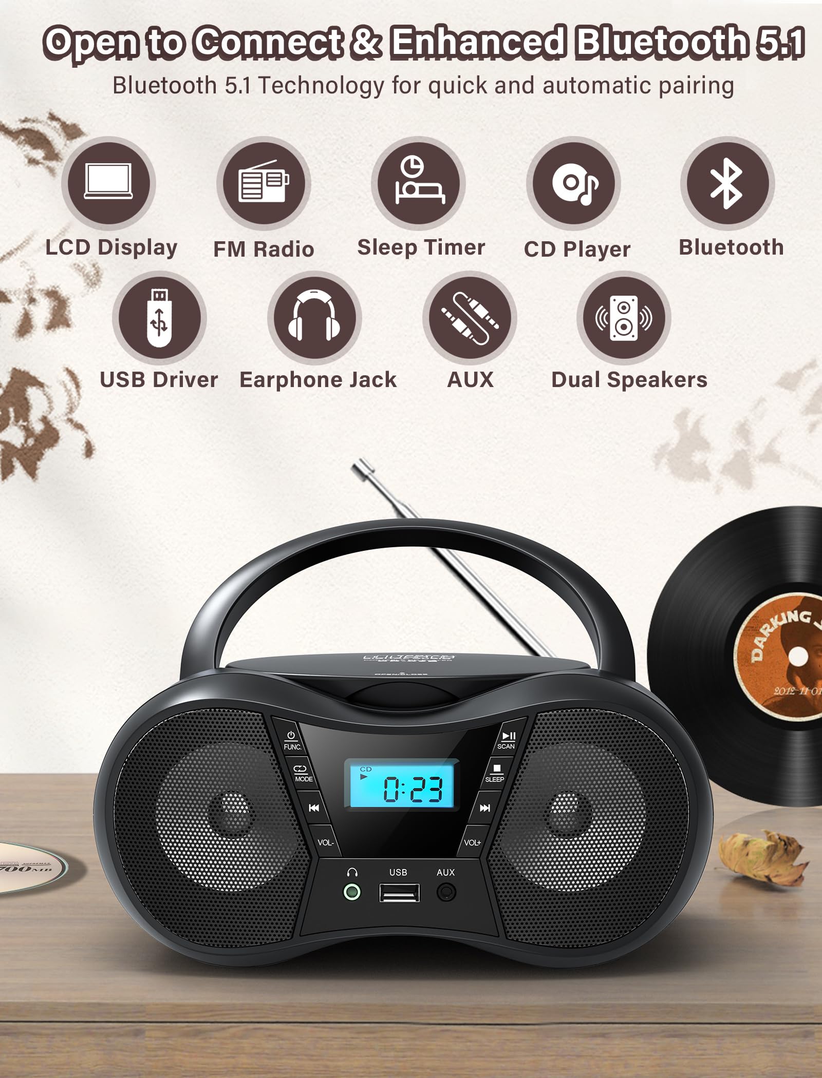 Boombox Portable CD Players for Home with Bluetooth, Boombox CD Player FM Radio Combo, Stereo Sound, AC/Battery Powered, CD/CD-R/RW Compatible, Support AUX/USB/Headphone, Sleep Timer, Repeatable