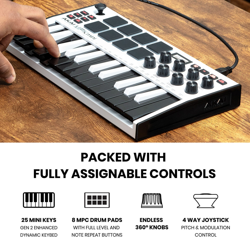 Akai Professional MPK Mini MK3 - 25 Key USB MIDI Keyboard Controller With 8 Backlit Drum Pads, 8 Knobs, Music Production Software and Native Instruments Sound Package (NKS Integration), White