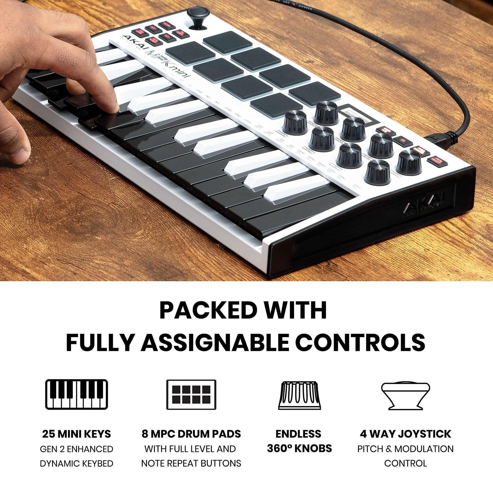 Akai Professional MPK Mini MK3 - 25 Key USB MIDI Keyboard Controller With 8 Backlit Drum Pads, 8 Knobs, Music Production Software and Native Instruments Sound Package (NKS Integration), White