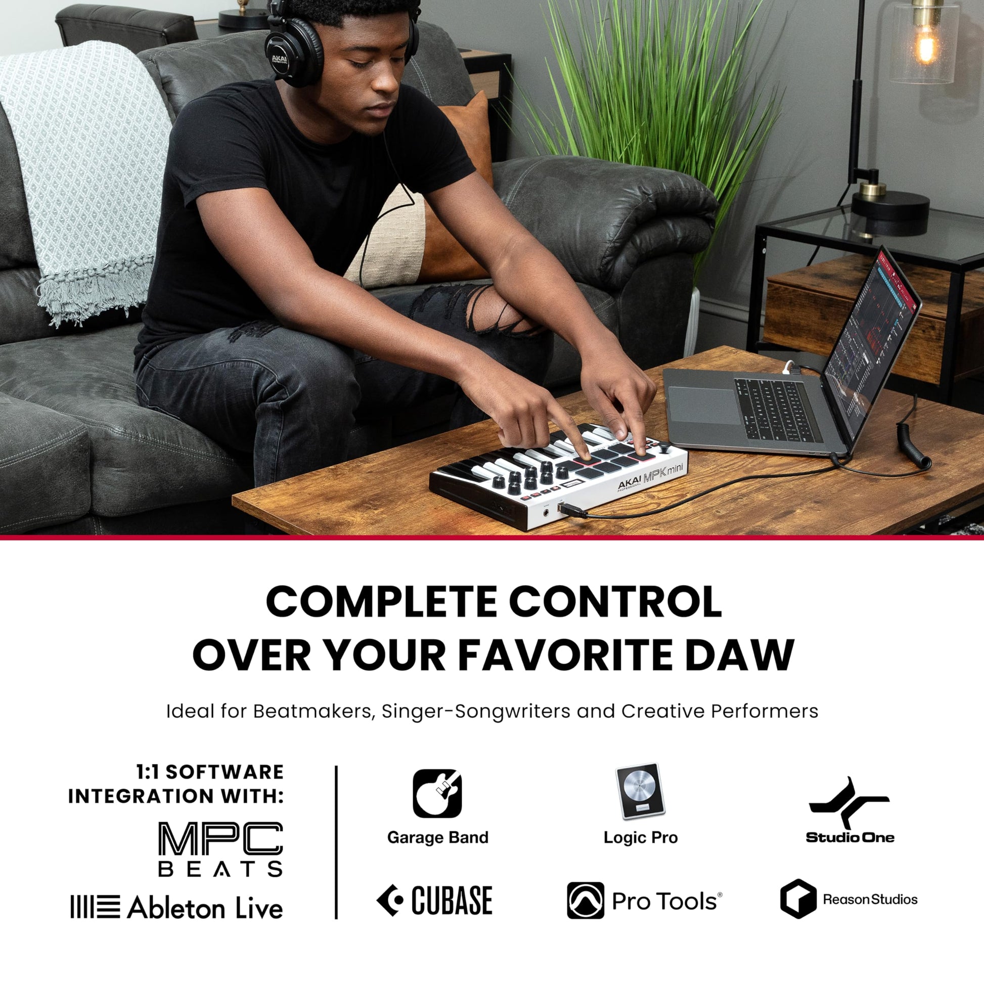 Akai Professional MPK Mini MK3 - 25 Key USB MIDI Keyboard Controller With 8 Backlit Drum Pads, 8 Knobs, Music Production Software and Native Instruments Sound Package (NKS Integration), White